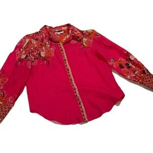 Chico's Women's Blouse Size 2 US 12 Floral Pink Ramie Lyocell Long Sleeve. EC